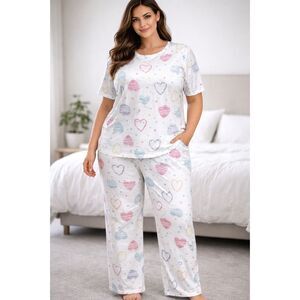 Women’s Plus1XL White Heart Print Short Sleeve Pajama Set Lounge Pants Set #D